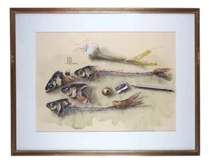 Manfred K. Schwitteck, Still Life with Fish Bones, Pencil and Pencil Sharpener, 1992, Watercolor & Pencil, Framed