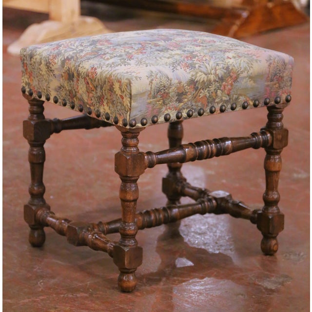 Mid-Century French Louis XIII Style Beechwood Upholstered Stool For Sale - Image 4 of 10