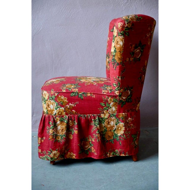 Beige Cocktail Armchair with Red Floral Fabric and Compass Legs For Sale - Image 8 of 14