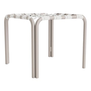 Brown Jordan Kantan Aluminum Stacking Stool/Occasional Table, Suncloth Lace, Dove frame with White fabric For Sale