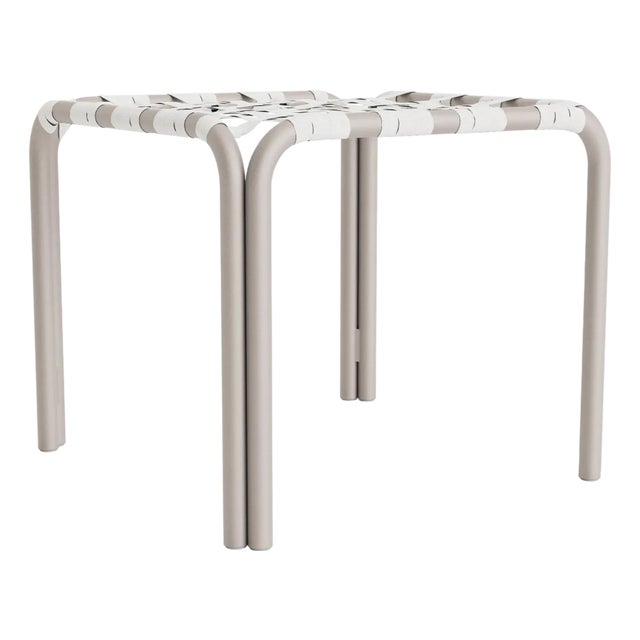 Brown Jordan Kantan Aluminum Stacking Stool/Occasional Table, Suncloth Lace, Dove frame with White fabric For Sale