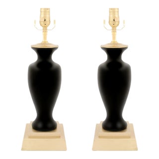 Early 20th Century Japanese High Gloss Black Porcelain Lamps - Set of 2 For Sale