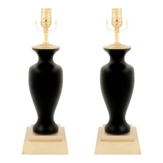 Early 20th Century Japanese High Gloss Black Porcelain Lamps - Set of 2 For Sale