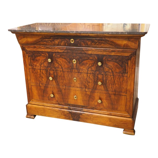 French Bookmatched Walnut Louis Philippe Commode, Charcoal Marble Top, C. 1900 For Sale