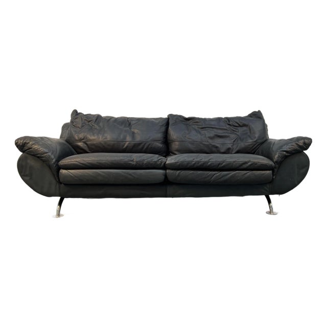 Late 20th Century Stylish Modern Black Leather Sofa For Sale