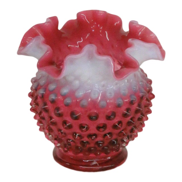 Fenton Cranberry Glass Opalescent Pink Hobnail Ruffled Vase Chairish