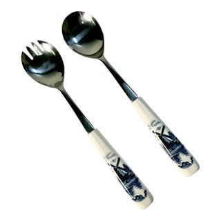 Mid 20th Century Boho Chic Gustavian Delft Style Salad Serving Utensils, Stainless Steel - Set of 2. For Sale