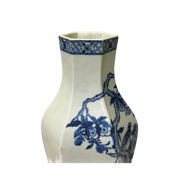 Vintage Chinese Blue White Hexagonal Flower Bird Porcelain Vase For Sale - Image 10 of 15