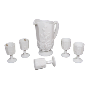 1960s Westmoreland Milk Glass Pitcher With 5 Goblets, Grape & Vine Relief, Nos