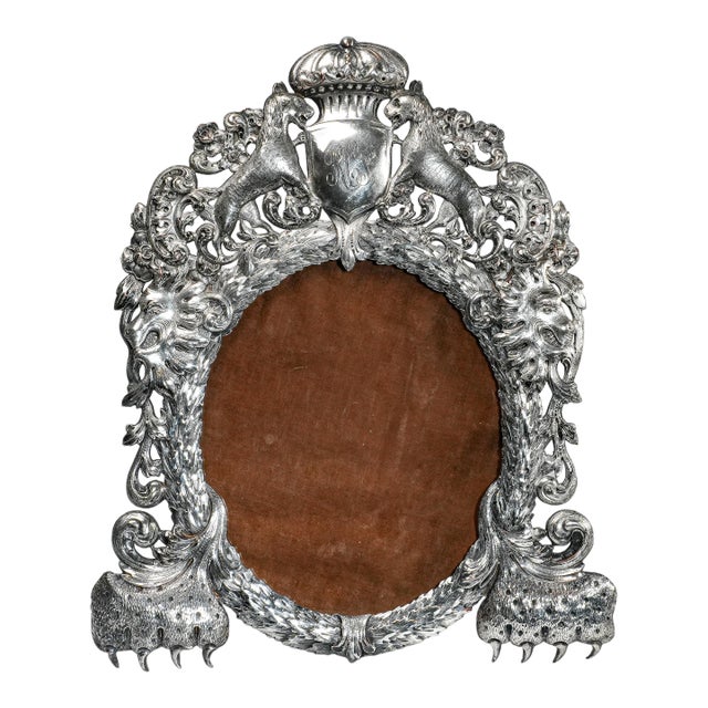 Regal Ornate Repousse Style Antique Silverplate Victorian Photo Picture Frame Lion Royalty Armorial For Sale