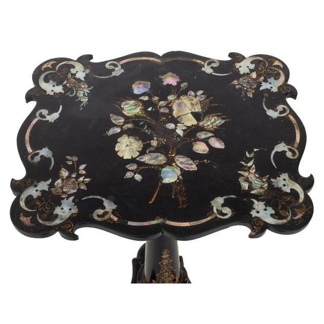 Victorian Victorian Black Lacquered Mother of Pearl Table For Sale - Image 3 of 8