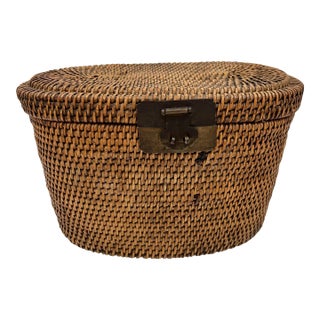 Vintage Chinese Wicker and Brass Tea or Lunch Basket For Sale