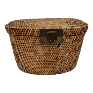 Vintage Chinese Wicker and Brass Tea or Lunch Basket