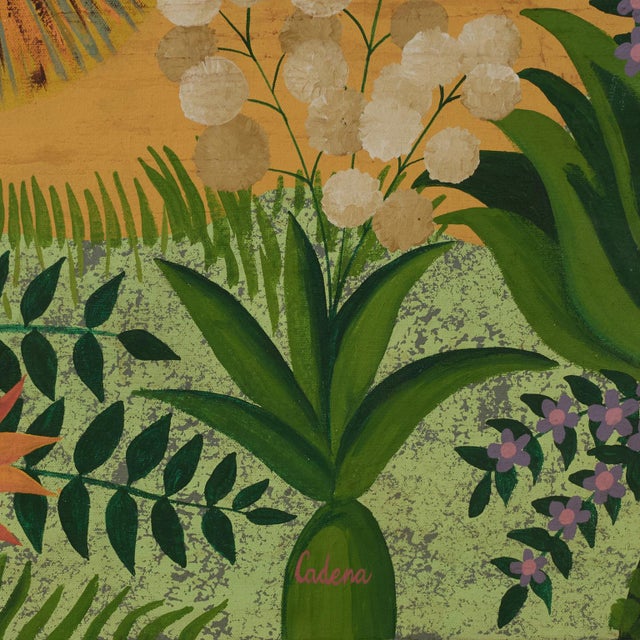 Vintage Naive Painting of a Tiger and a Lion in a Jungle Signed Cadena For Sale - Image 10 of 11