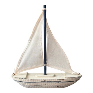 Vintage Wooden Sailboat Sculpture Nautical Coastal Decor White Blue 8” For Sale