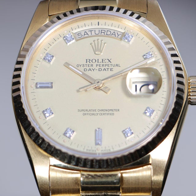 Rolex Day-Date 18038 Champagne Diamond Dial 18k Gold 36mm Circa 1978 Watch For Sale - Image 13 of 18