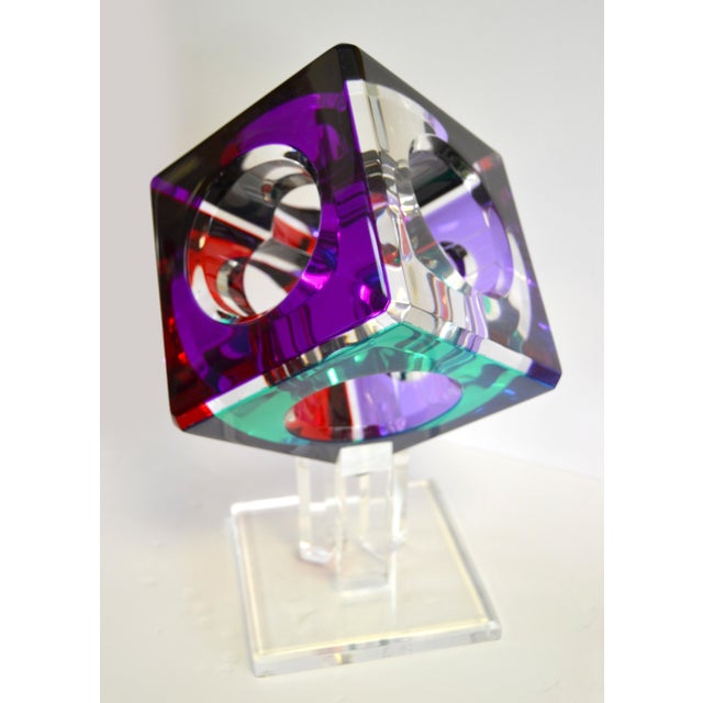 Purple 1994 Shlomi Haziza Op Art Lucite Large Cube Modern Sculpture For Sale - Image 8 of 12