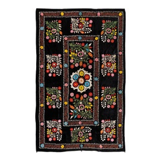 4.2x6.6 Ft Vintage Asian Silk Embroidered Suzani Bed Cover, Black Wall Hanging For Sale