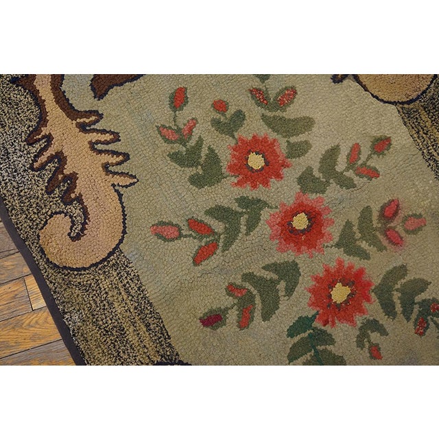 American 1890s Tan Ecru Floral Folk Art Antique American Hooked Rug 3'0" X 4'0" Handknotted Wool Carpet For Sale - Image 3 of 6