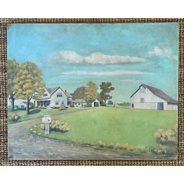 Lovely, vintage folk art Americana countryside painting of a countryside home. Unsure if acrylic or oil.