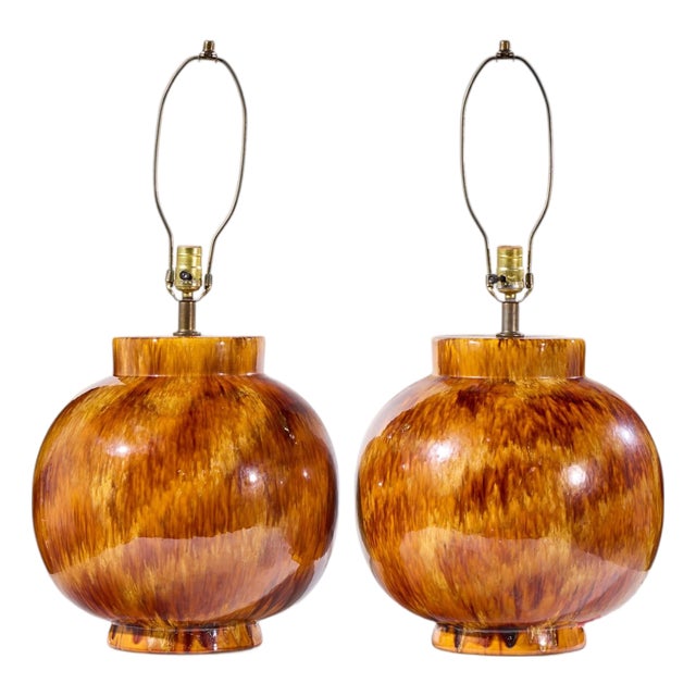 Mid 20th Century Mid Century Modern Orange Drip Glaze Table Lamp - Pair For Sale