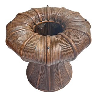 Vintage Faux Rattan Round Dining Table Base Coastal British Colonial Tropical Palm Beach Decor For Sale
