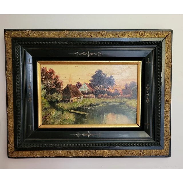 Green 19th C Oil Painting of River With Aesthetic Period Frame For Sale - Image 8 of 8