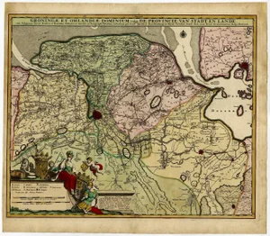 Antique Handcolored Map of the Dutch Province Groningen including Emden, 1680