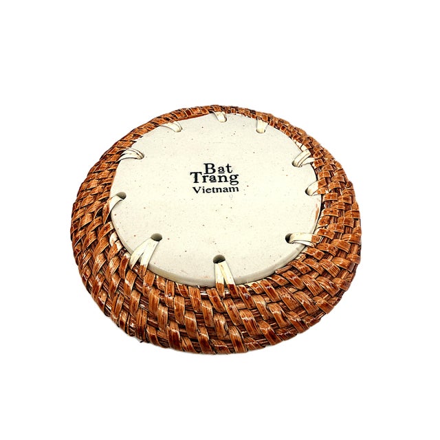 Asian Modern Bat Trang Vietnamese Rattan & Ceramic Coasters With Hand Painted Floral Motif - Set of 6 For Sale In New York - Image 6 of 9