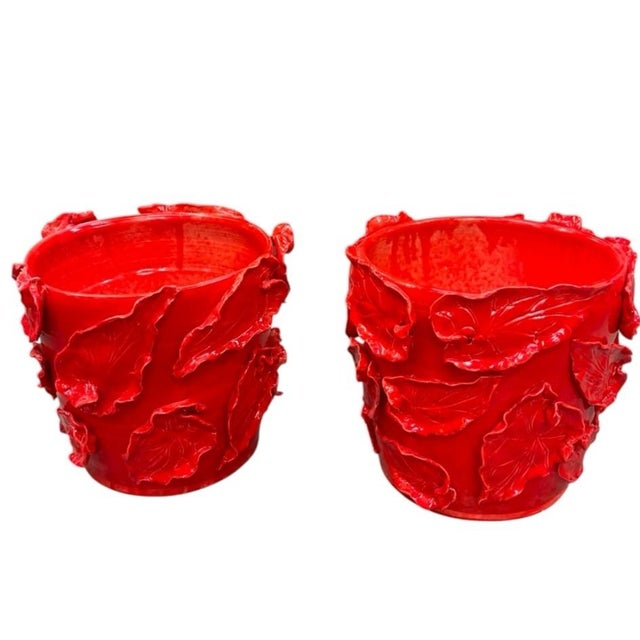2000 - 2009 Vibrant Italian Red Majolica Leaf-Appliqué Planters For Sale - Image 5 of 12