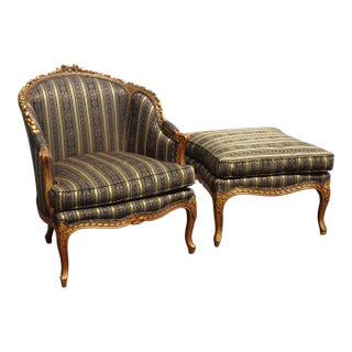 Vintage French Louis XVI Gold Gilt Ornate Club Chair & Ottoman W Down Cushions For Sale