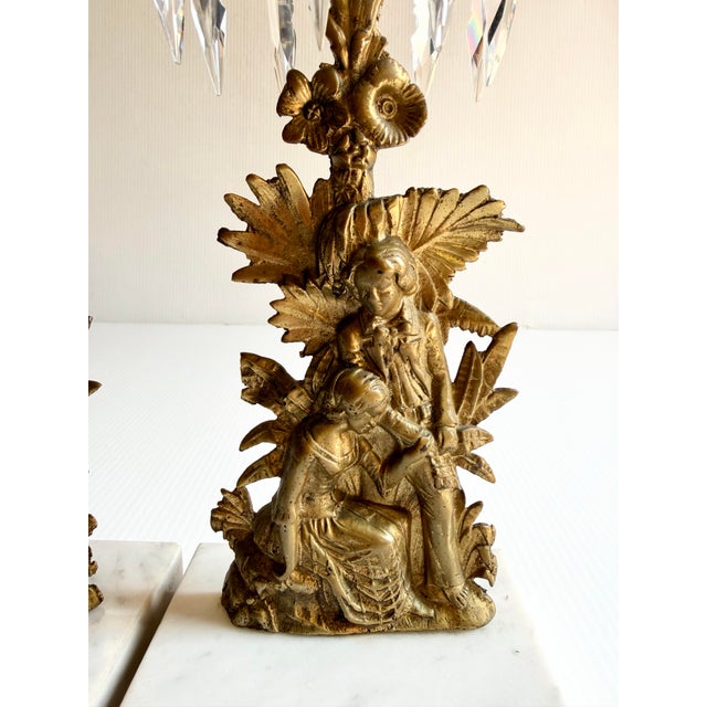 Victorian Pair of Antique Brass Victorian Girandole Candlesticks With Marble Base & Prisms For Sale - Image 3 of 12