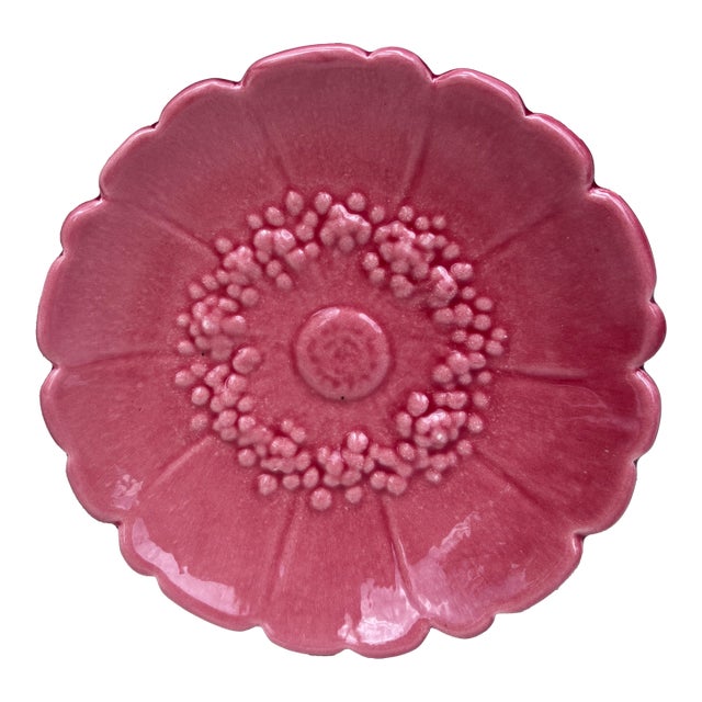 Mid-Century French Majolica Pink Wild Rose Flower Plate Maunier Vallauris For Sale