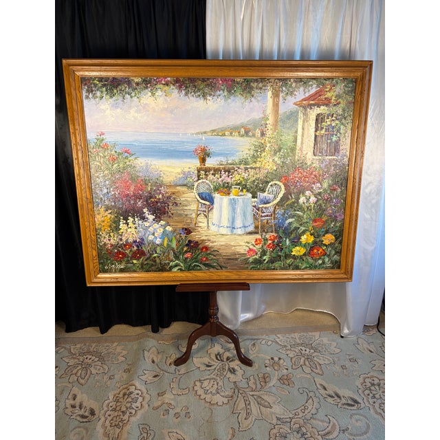 Late 20th Century Large Mid-Century Style Mediterranean Coastal Terrace Oil Painting - Signed "W. Brittain" For Sale - Image 4 of 10