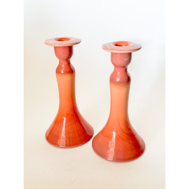Antique Tiffin Carrara Coral Slag Glass Candlesticks, a Pair For Sale - Image 4 of 10