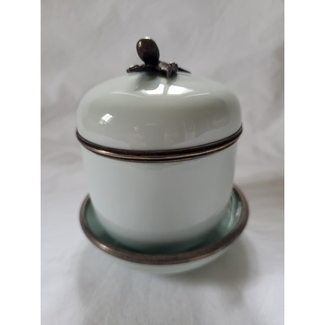 Vintage Celadon Porcelain Lidded Pot and Saucer with Bronze Hazelnut from Royal Limoges, 1960s, Set of 2 For Sale - Image 9 of 9