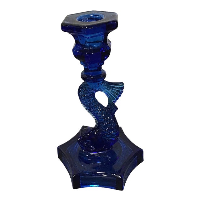 Mid 20th Century l.e. Smith Cobalt Blue Glass Koi Candlestick For Sale