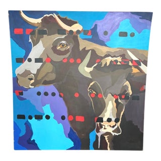 Stylized Geometric Painting of Two Cows in a Bold Cubist Style For Sale