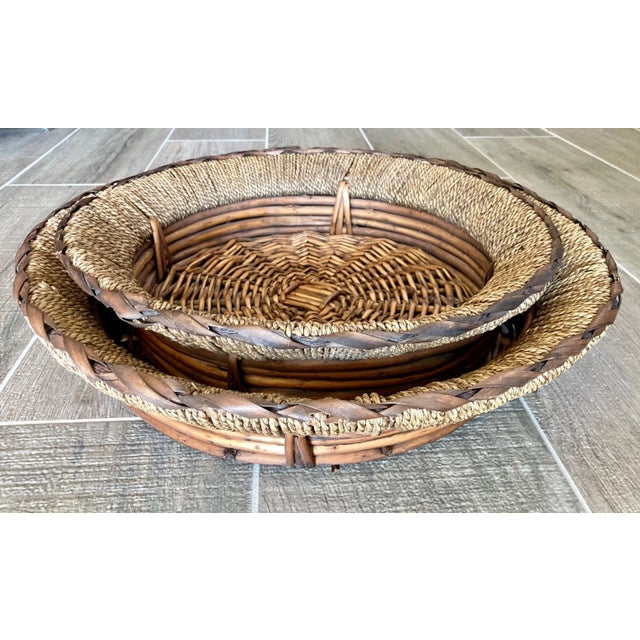 Circa 1980 Set of Two Nested Rattan Rope & Banana Leaf Tray Baskets For Sale - Image 12 of 12
