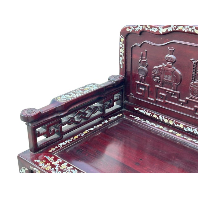 Burgundy Chinese Red Rosewood & Mother of Pearl Bench For Sale - Image 8 of 12
