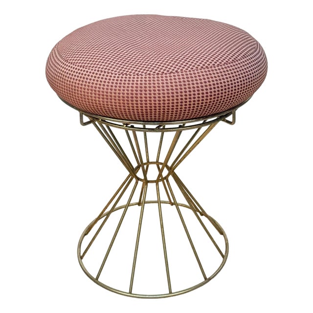Mid-Century Gold Hour Glass Red Polka Dot Round Vanity Stool For Sale