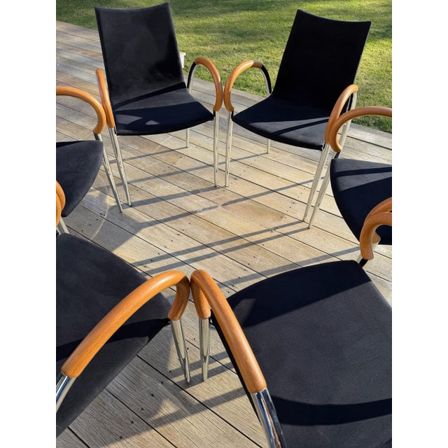 Set of 6 Dining Chairs in Black, Chrome and Wood For Sale - Image 9 of 18