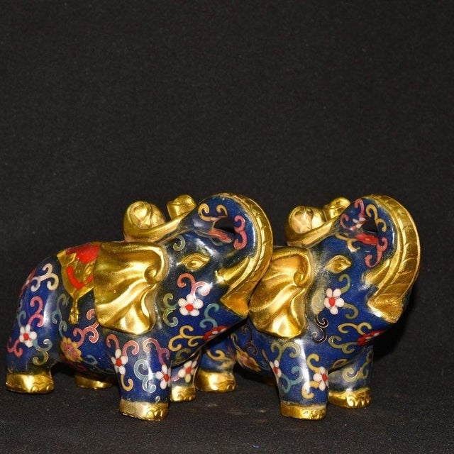 Mid 20th Century Pair of Vintage Cloisonne Enamel Elephant Figures – 6.7" Gilt Floral Motif Statues For Sale - Image 5 of 9