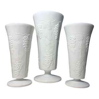Vintage Indiana Glass Colony Grape Milk Glass Vases, S/3 For Sale