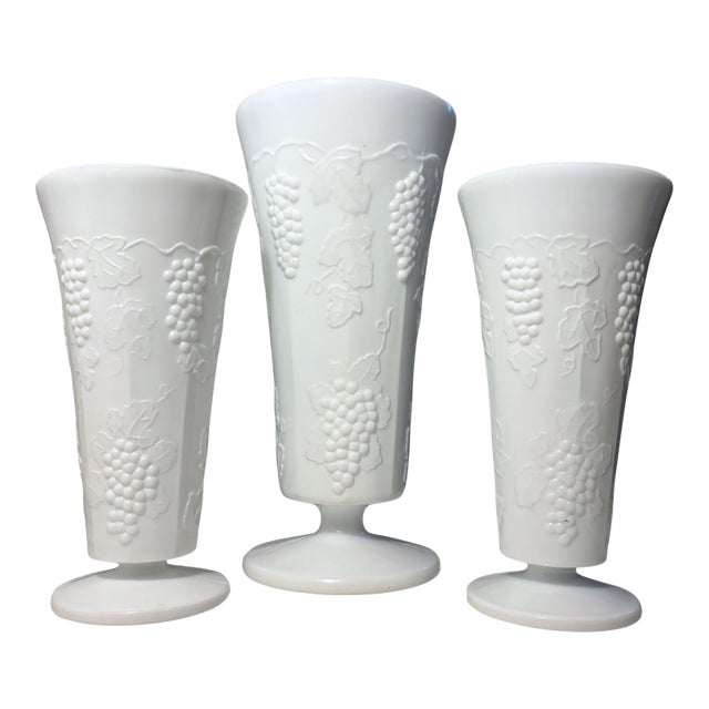 Vintage Indiana Glass Colony Grape Milk Glass Vases, S/3 For Sale