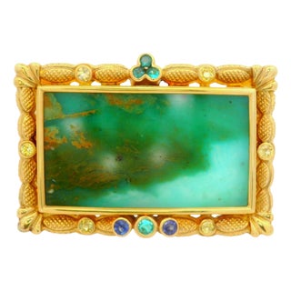 21.75 Carat Opal Sapphire Paraiba 18k Yellow Gold Portrait Brooch-Pendant For Sale