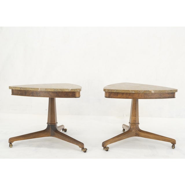 Wood Pair Triangular Shape Marble Tops End Side Stands Lamp Tables Tomlinson Mint! For Sale - Image 7 of 15