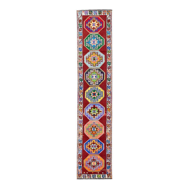 Vintage Turkish Hand-Knotted Wool Runner With Colorful Octagonal Medallions For Sale