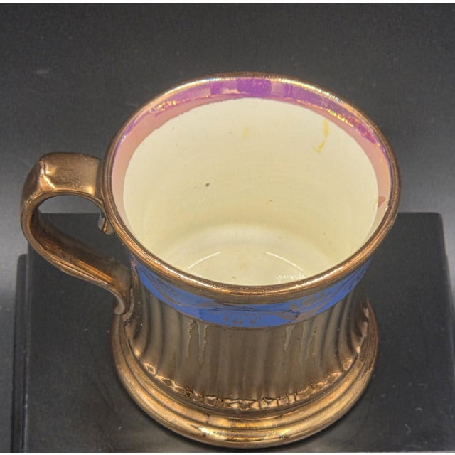 Ceramic 19th Century English Copper Lustreware Cobolt Blue Enamel Bands & Hand-Painterd Motifs 6 Piece Set For Sale - Image 7 of 18