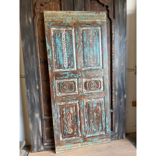 Antique Hand-Carved Blue Barn Door | Rustic Farmhouse Vintage Architectural Door 80x34.5 For Sale - Image 4 of 7